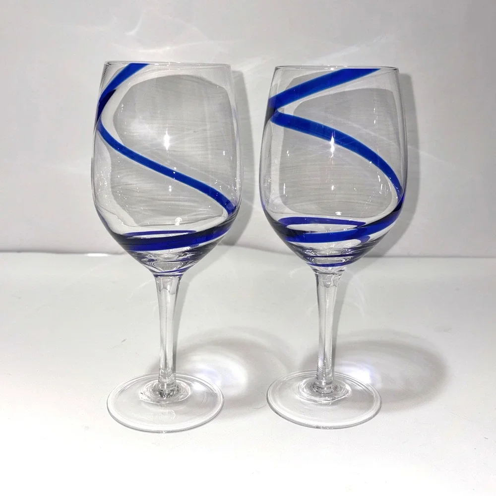 Pier 1 Import Cobalt Blue Swirl Line Wine Goblet Glass 20oz Set of 2 Hand Blown